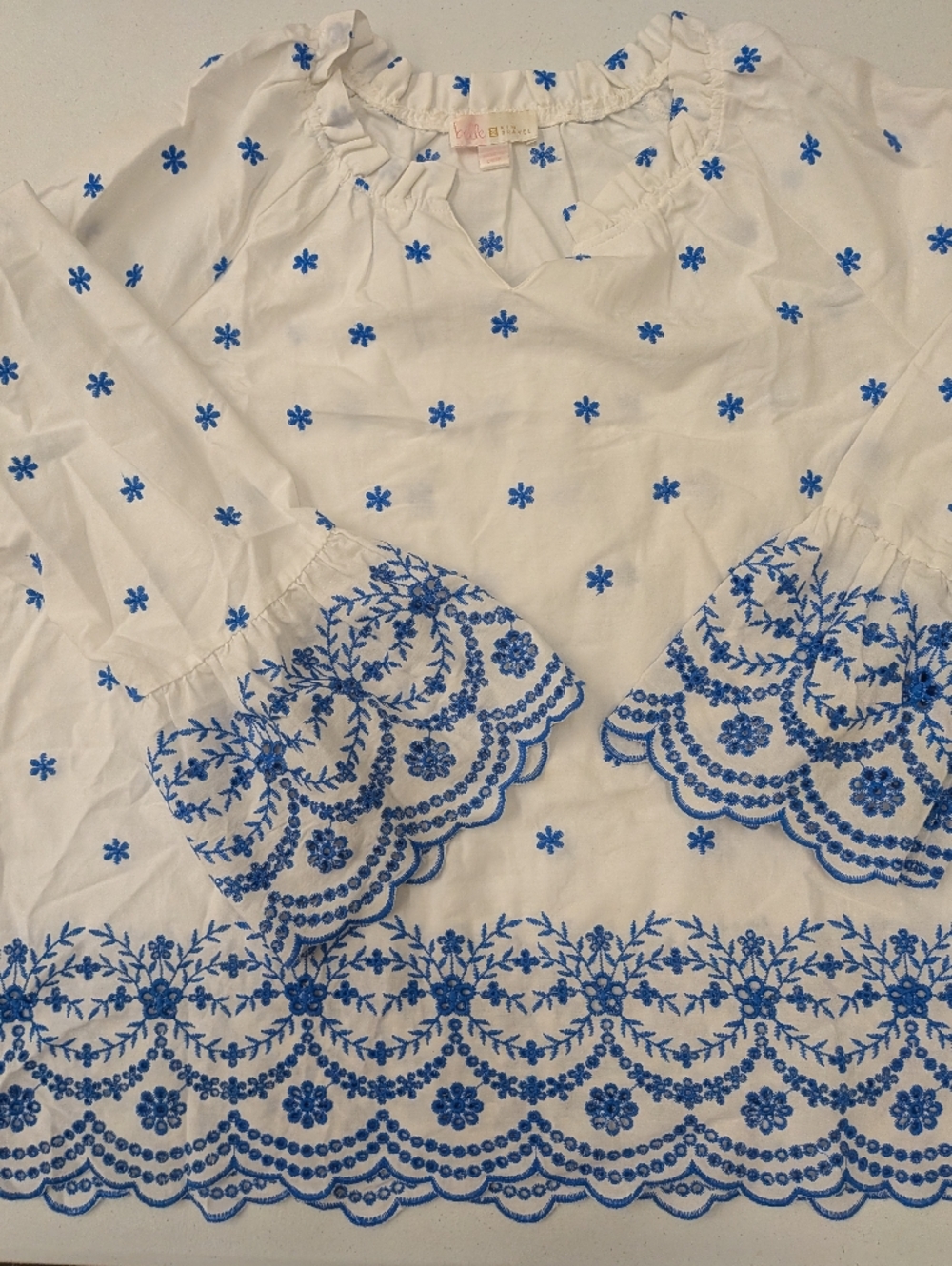 Embroidered Blouse Women L White Blue Floral Boho Long - Picture 8 of 8